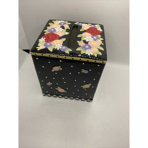 Mary Engelbreit flower tissue cover (2000), black, floral, porcelain, bathroom